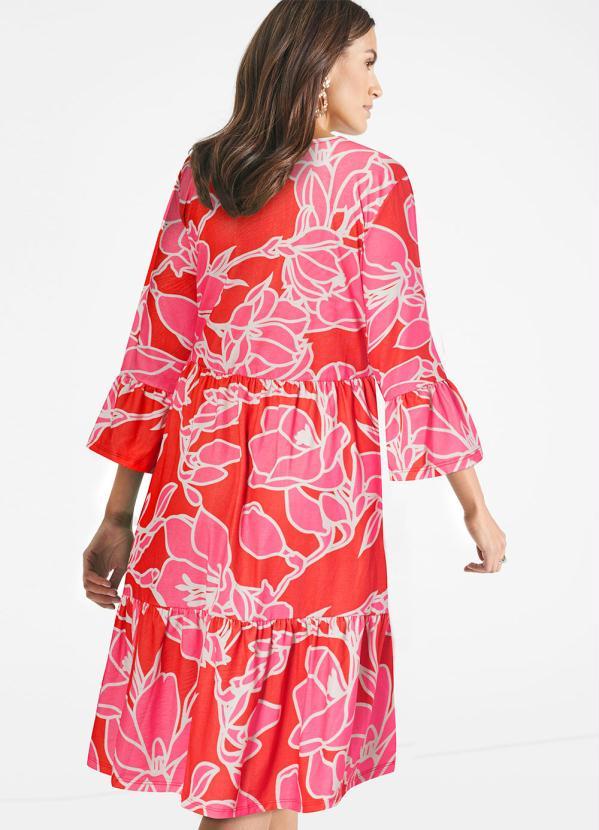 Queima Estoque - Vestido Mangas 3/4 com Babado Floral Rosa 7