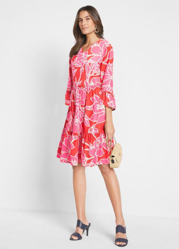 Queima Estoque - Vestido Mangas 3/4 com Babado Floral Rosa 6