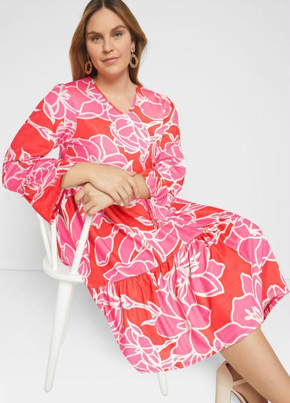 Queima Estoque - Vestido Mangas 3/4 com Babado Floral Rosa 5