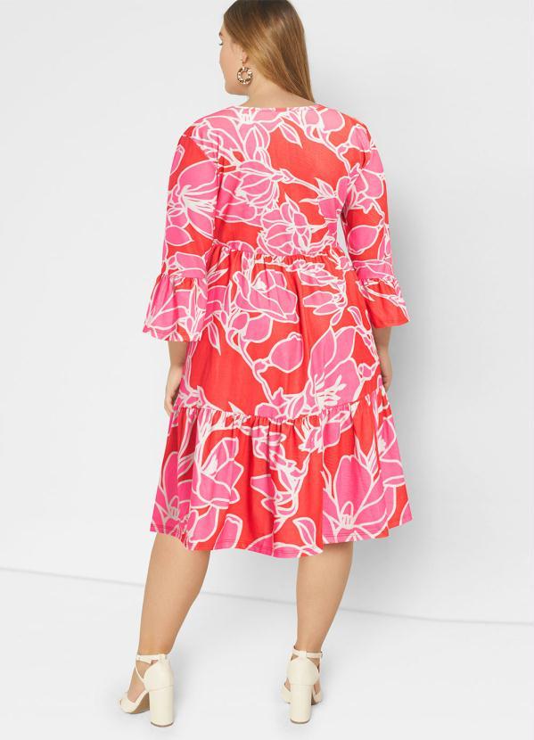 Queima Estoque - Vestido Mangas 3/4 com Babado Floral Rosa 3