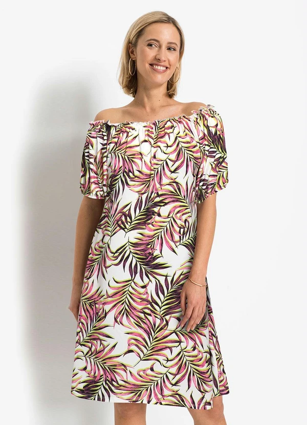 bonprix - Vestido Ombro a Ombro Folhagem Rosa