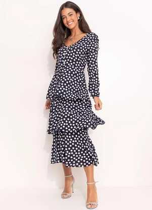 Quintess - Vestido Poá Marinho em Viscose Plana - QUINTESS