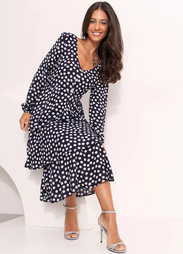 Quintess - Vestido Poá Marinho em Viscose Plana 3