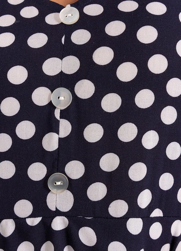 Quintess - Vestido Poá Marinho em Viscose Plana