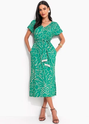 Quintess - Vestido Tropical Verde em Malha Fria - QUINTESS