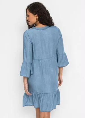 bonprix - Vestido com Babados Jeans Claro - BONPRIX
