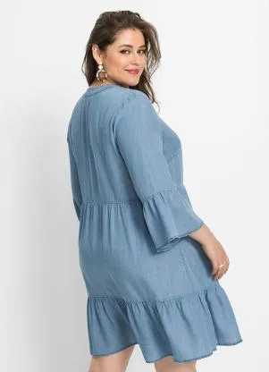 bonprix - Vestido com Babados Jeans Claro - BONPRIX