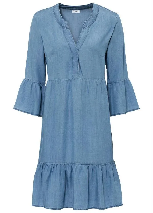 bonprix - Vestido com Babados Jeans Claro 10