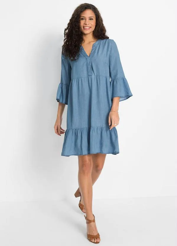 bonprix - Vestido com Babados Jeans Claro 3