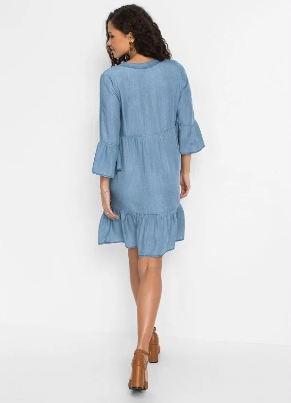 bonprix - Vestido com Babados Jeans Claro 4