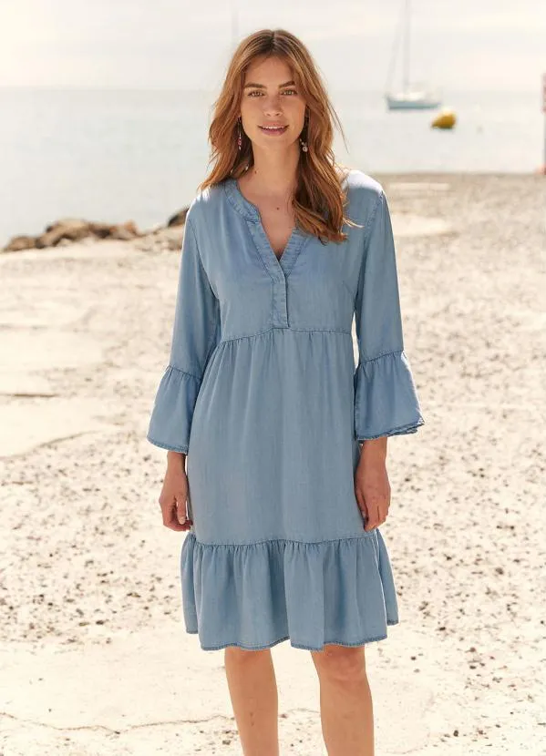 bonprix - Vestido com Babados Jeans Claro 5