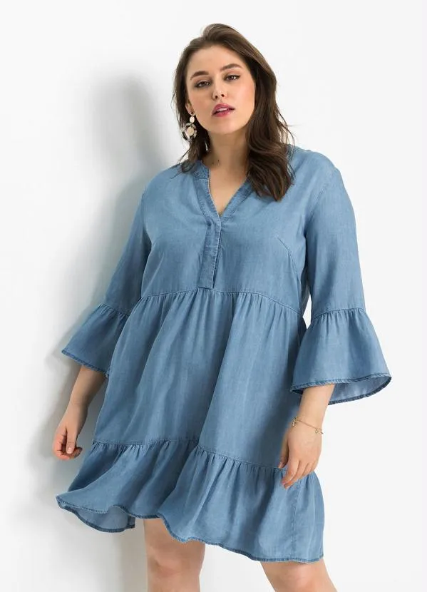 bonprix - Vestido com Babados Jeans Claro 6