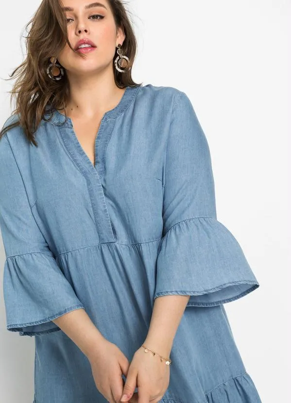 bonprix - Vestido com Babados Jeans Claro 8