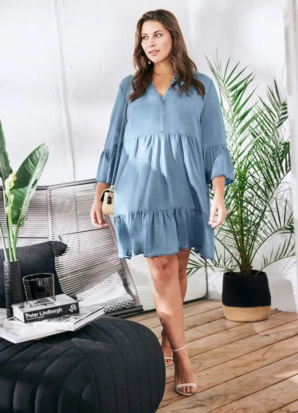 bonprix - Vestido com Babados Jeans Claro 9