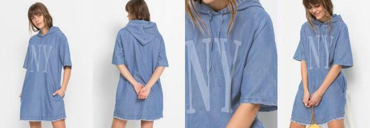 Vestido Jeans com Capuz Azul Mdio