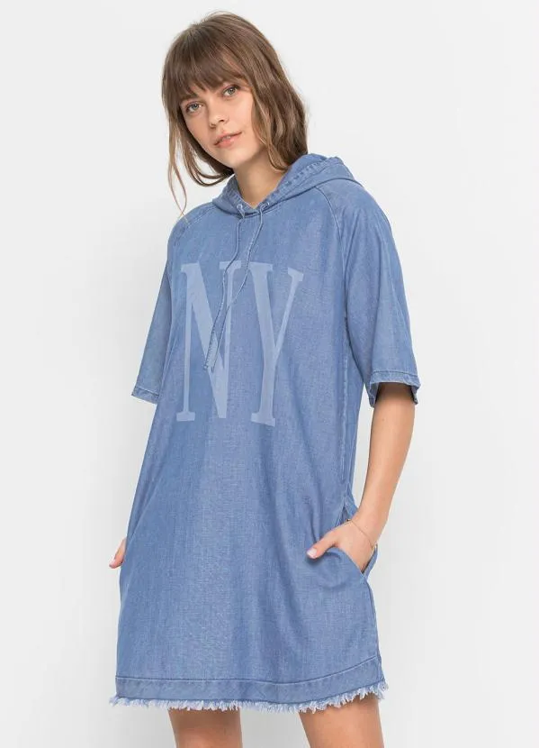 bonprix - Vestido Jeans com Capuz Azul Médio