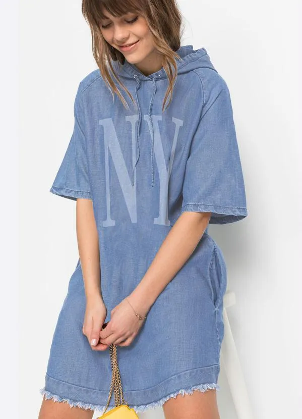 bonprix - Vestido Jeans com Capuz Azul Médio 2