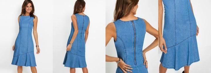Vestido Jeans com Recortes e Zper Azul Mdio