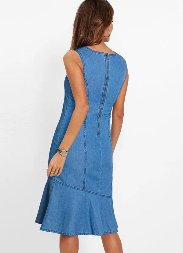 bonprix - Vestido Jeans com Recortes e Zíper Azul Médio 2