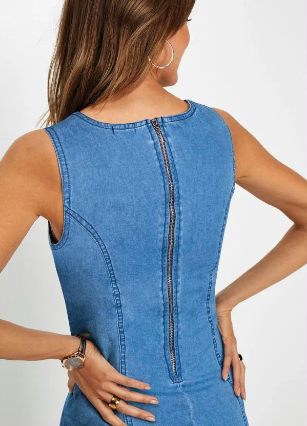bonprix - Vestido Jeans com Recortes e Zíper Azul Médio 3