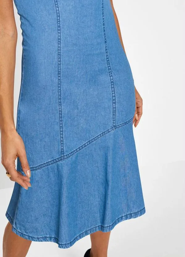 bonprix - Vestido Jeans com Recortes e Zíper Azul Médio 4