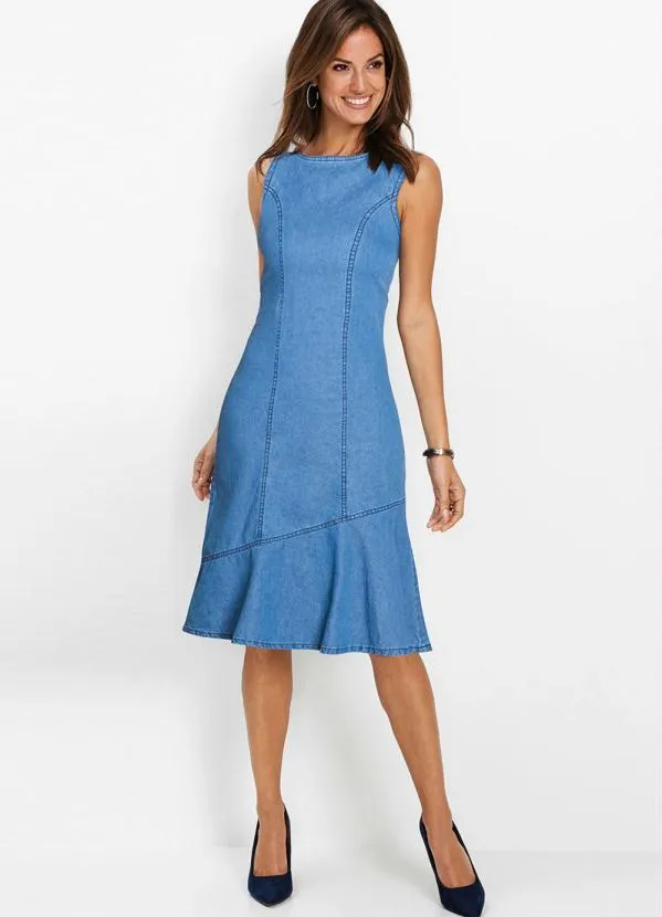 bonprix - Vestido Jeans com Recortes e Zíper Azul Médio 5