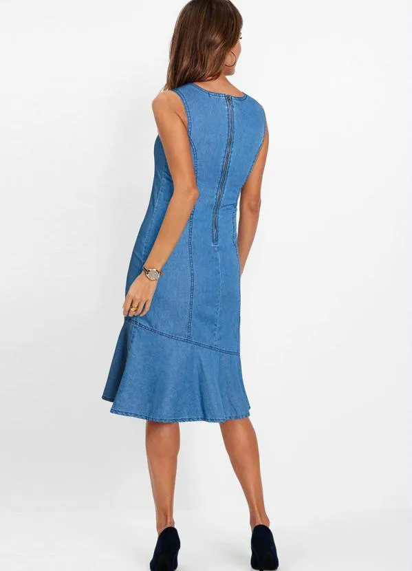 bonprix - Vestido Jeans com Recortes e Zíper Azul Médio 6