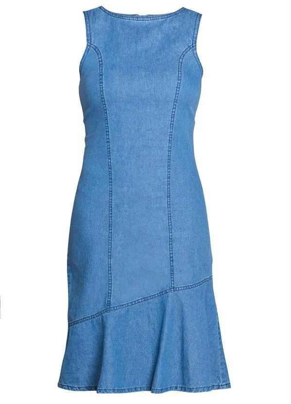 bonprix - Vestido Jeans com Recortes e Zíper Azul Médio 7