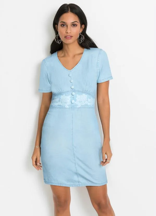 bonprix - Vestido Jeans Manga Curta Azul Claro