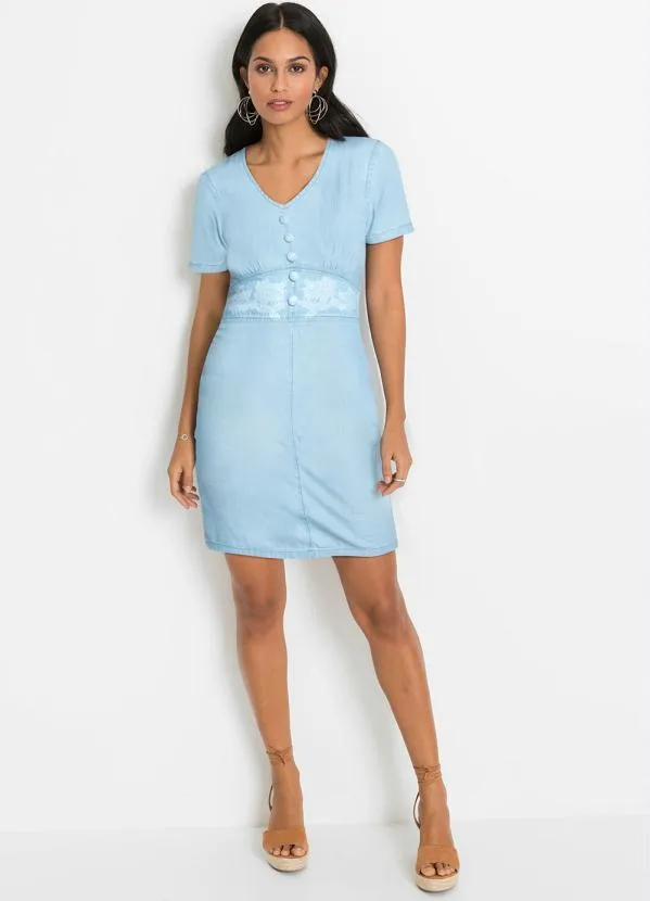 bonprix - Vestido Jeans Manga Curta Azul Claro 3
