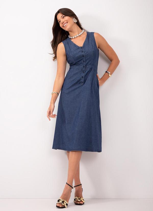 Lunender - Vestido Jeans Midi Chá com Botões e Bolsos Azul