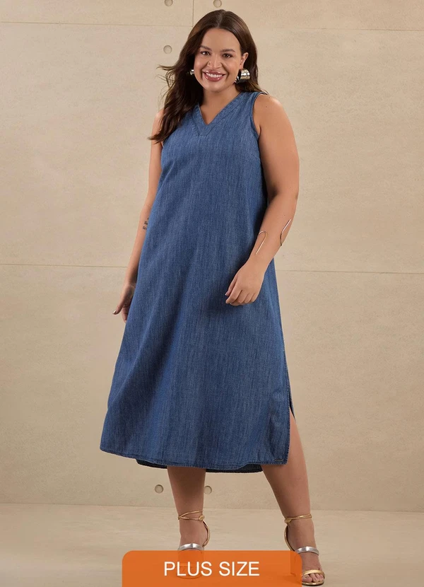 Lunender Mais Mulher - Vestido Jeans Plus Size Midi Chá Azul