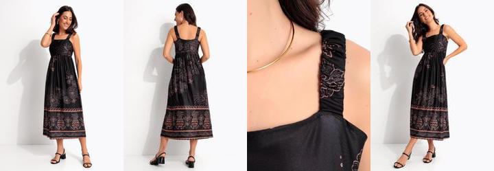 Vestido Midi Soltinho Estampa Tropical em Malha Fria com Al�a de El�stico