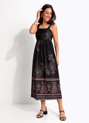 Vestido Midi Soltinho Estampa Tropical em Malha Fria com Al�a de El�stico