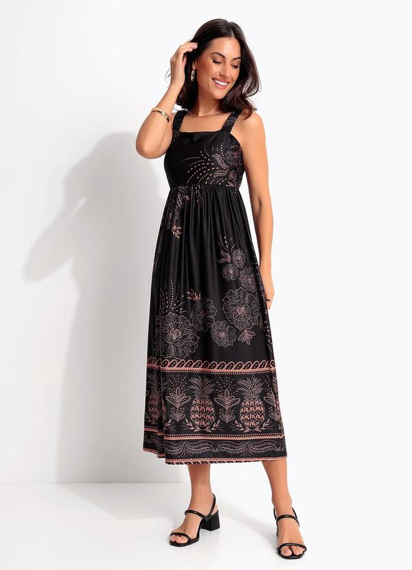 Vestido Midi Soltinho Estampa Tropical em Malha Fria com Al�a de El�stico