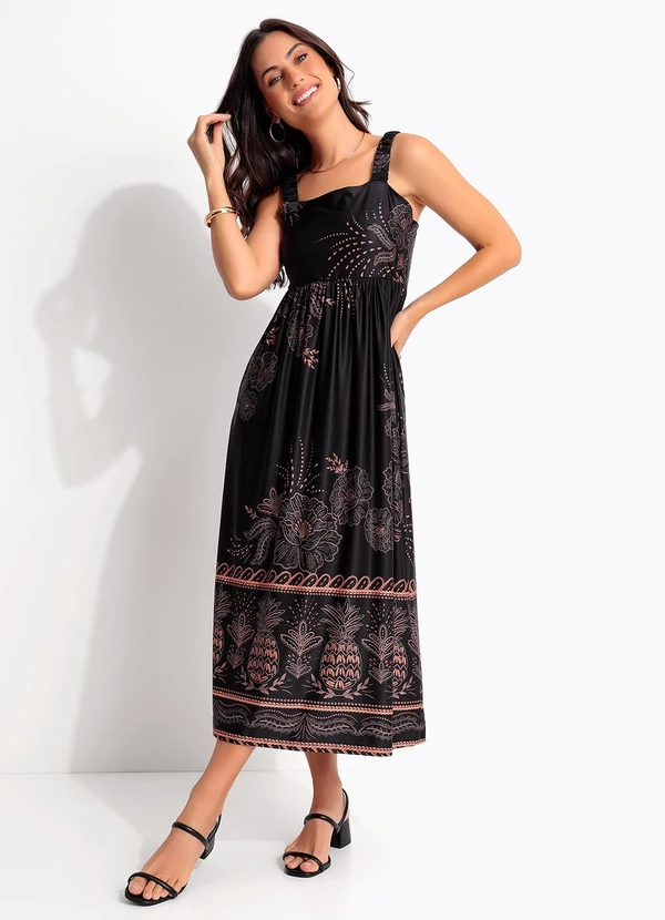 Quintess - Vestido Midi Soltinho Estampa Tropical em Malha Fria com Alça de Elástico