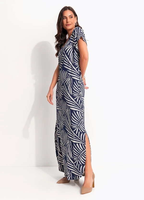 Quintess - Vestido Abstrato Azul em Malha de Viscose