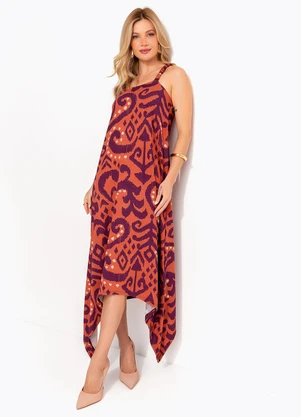 Quintess - Vestido Abstrato Laranja em Malha de Viscose - QUINTESS