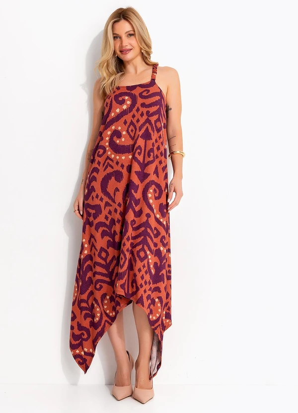 Quintess - Vestido Abstrato Laranja em Malha de Viscose