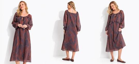 Vestido Abstrato Marrom em Chiffon