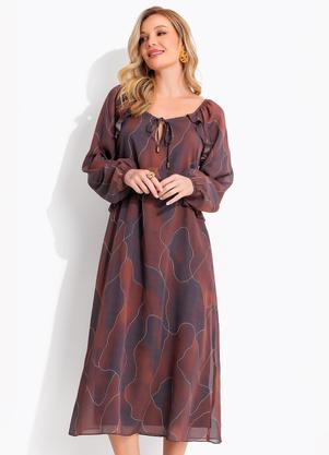 Vestido Abstrato Marrom em Chiffon