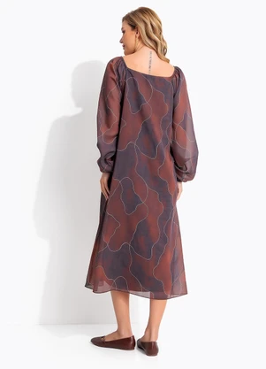 Quintess - Vestido Abstrato Marrom em Chiffon - QUINTESS