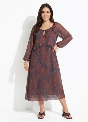 Quintess - Vestido Abstrato Marrom em Chiffon - QUINTESS