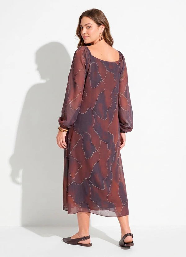 Quintess - Vestido Abstrato Marrom em Chiffon