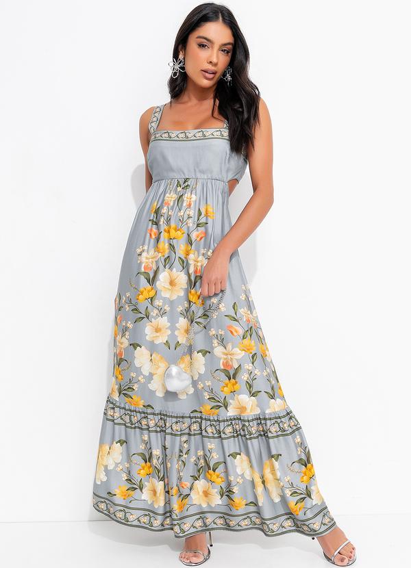 Farm - Vestido Alça Borboleta em Flor Azul