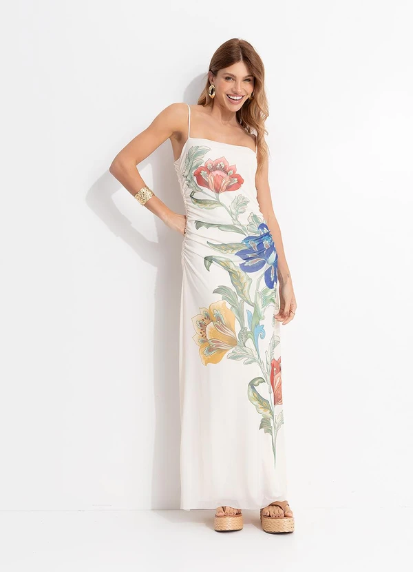 Farm - Vestido Alcinha Tule Floral Maite Bege