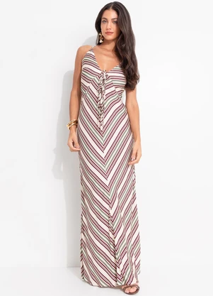 Farm - Vestido Alcinhas Listra Licor Bege - FARM