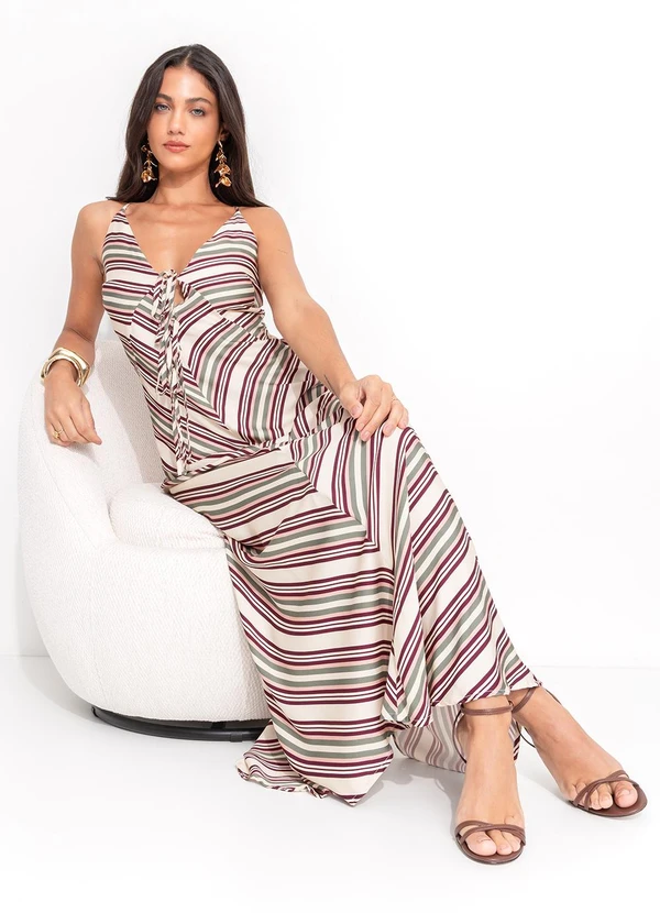 Farm - Vestido Alcinhas Listra Licor Bege 3