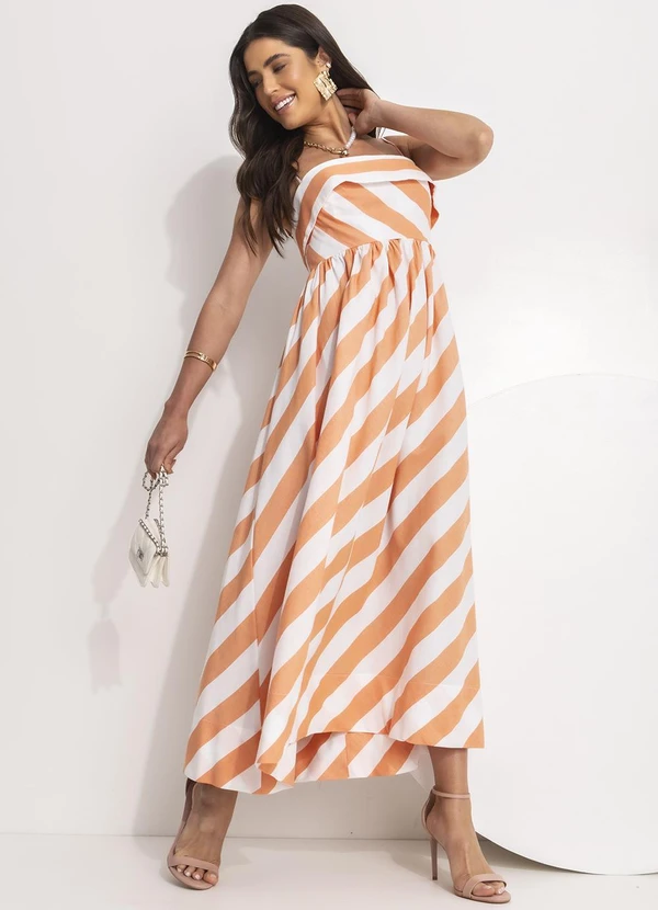 Farm - Vestido Alcinhas Mistura de Listra Laranja