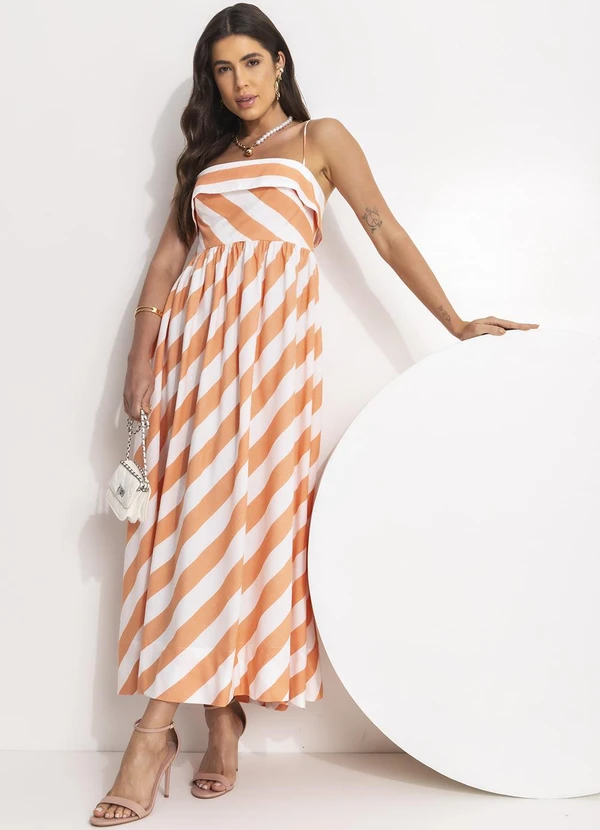 Farm - Vestido Alcinhas  Mistura de Listra Laranja 3